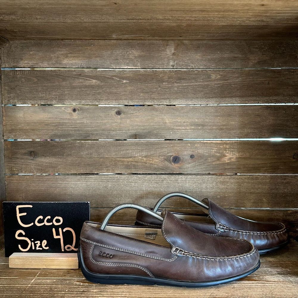 Mens Ecco Brown Leather Shoes Slip On Driving Loafers Size 42 US 8-8.5 M GUC